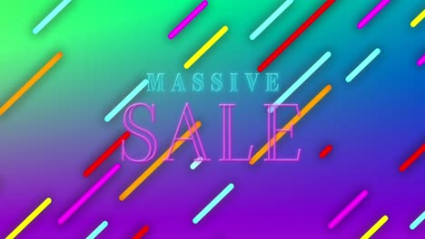 Animation-of-massive-sale-text-and-neon-lines-moving-over-green-to-purple-background