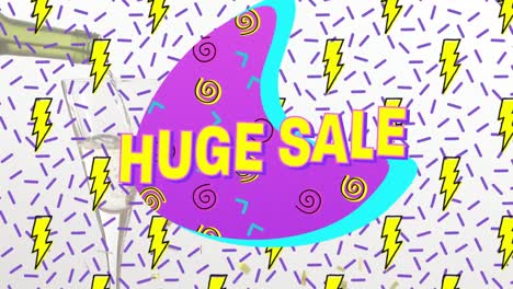 Animation-of-huge-sale-text-over-retro-vibrant-pattern-background