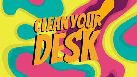 Animation-Des-Textes-„Reinigen-Sie-Ihren-Schreibtisch“-über-Einem-Neon-Retro-Muster