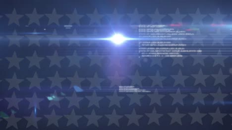 Animation-of-data-processing-text-and-light-over-flag-of-usa