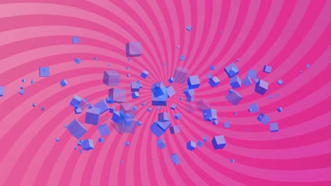 Animation-Blauer-Würfel-über-Rosa-Streifen,-Die-Sich-Drehen