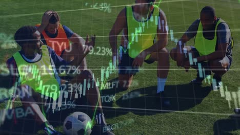 Animation-of-financial-data-processing-over-diverse-football-players-on-pitch