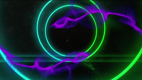 Animation-of-purple-light-trails-and-neon-circles-moving-on-seamless-loop-on-dark-background