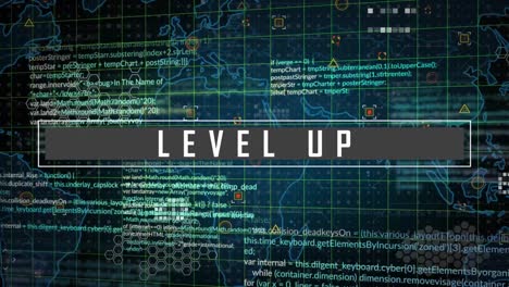 Animation-of-level-up-text-banner-and-data-processing-over-world-map-against-black-background