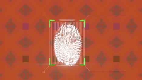 Animation-of-biometric-fingerprint-and-pattern-moving-on-seamless-loop-on-orange-background