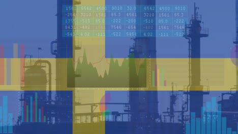 Animation-of-financial-data-processing-over-flag-of-sweden