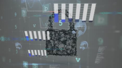 Animation-Der-Cybersicherheitsdatenverarbeitung-Und-Des-Sicherheitsvorhängeschlosssymbols-Vor-Grauem-Hintergrund
