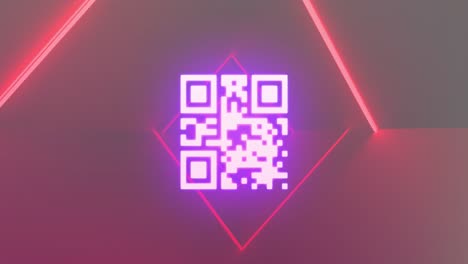 Animation-of-neon-qr-code-scanner-and-red-light-trails-in-seamless-pattern-on-purple-background