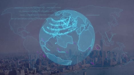 Animation-Von-Lichtspuren-Und-Datenverarbeitung-über-Einem-Sich-Drehenden-Globus-Und-Einer-Weltkarte-Vor-Dem-Stadtbild