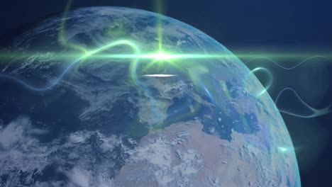 Animation-Digitaler-Wellen-Und-Lichtfleck-über-Dem-Sich-Drehenden-Globussymbol-Vor-Blauem-Hintergrund