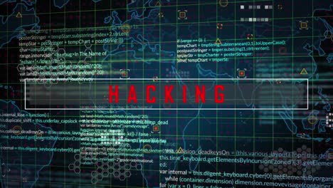 Animation-of-hacking-text-banner-over-data-processing-and-world-map-against-blue-background