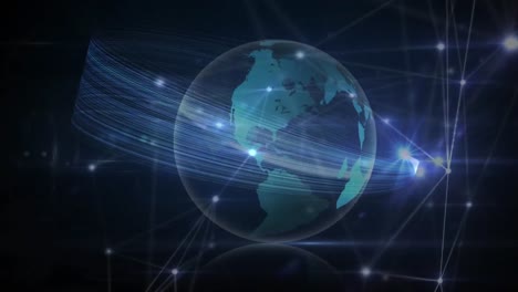 Animation-of-glowing-network-of-connections-and-light-trails-over-spinning-globe-on-black-background
