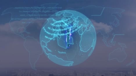 Animation-of-data-processing-over-spinning-globe-and-world-map-against-clouds-in-the-sky