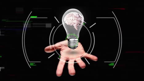 Animation-of-data-processing-over-lightbulb-with-human-brain-on-black-background