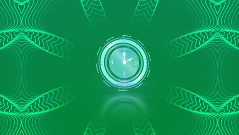 Animation-of-clock-ticking-over-neon-pattern-on-green-background