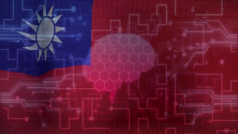 Animación-De-Placa-De-Circuito-De-Computadora-Con-Cerebro-Humano,-Procesamiento-De-Datos-Y-Bandera-De-Taiwán