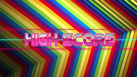 Animation-Von-Highscore-Text-In-Rosafarbenen-Chrombuchstaben-über-Konzentrischen-Regenbogensparren