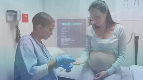 Animation-of-data-processing-over-african-american-female-doctor-with-pregnant-woman-patient