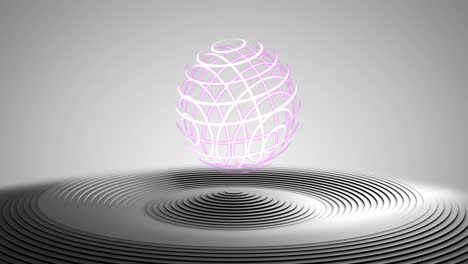 Animation-of-3d-sphere-design-over-black-and-grey-concentric-rings-on-grey-background