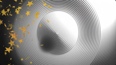 Animation-of-gold-stars-falling-over-moving-black-and-grey-concentric-rings