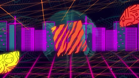 Animation-of-globe-over-neon-pattern-and-cityscape-on-dark-background