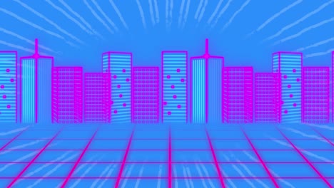 Animation-of-cityscape-and-data-processing-over-blue-background