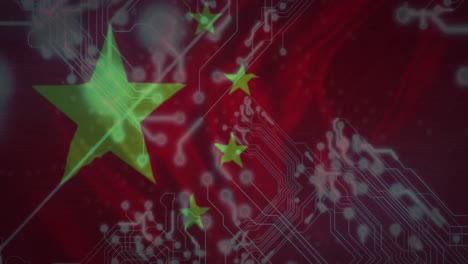 Animation-of-computer-circuit-board-with-data-processing-and-flag-of-china