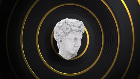 Animation-of-distorting-male-classical-sculpture-bust-distorting-over-gold-rings-on-black-background