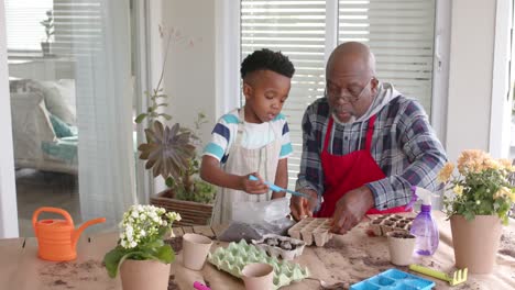 African-american-grandfather-and-grandson-planting-flowers-on-balcony,-slow-motion