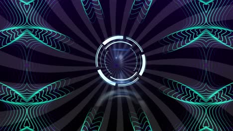 Animation-Des-Scope-Scannens-über-Kaleidoskop-Neonmuster-Auf-Dunklem-Hintergrund