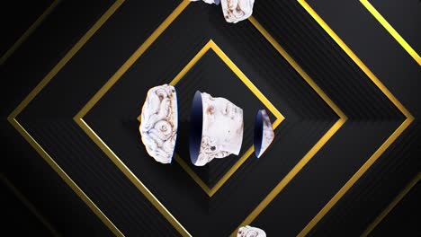 Animation-of-spliced-male-classical-sculpture-busts-moving-over-gold-squares-on-black-background