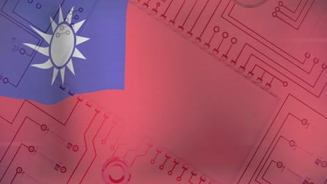 Animation-of-computer-circuit-board-with-data-processing-and-flag-of-taiwan