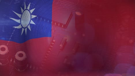 Animación-De-Placa-De-Circuito-De-Computadora-Con-Procesamiento-De-Datos-Y-Bandera-De-Taiwán