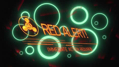 Animation-of-red-alert-text-over-neon-circles-on-dark-background