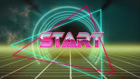 Animation-of-start-text-over-neon-lines-on-dark-background