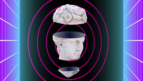 Animation-of-antique-sculpture-heads-over-neon-circles-and-grid