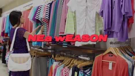 Animation-of-new-season-text-over-biracial-woman-clothes-shopping