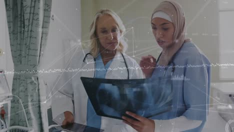 Animation-of-network-of-connections-on-two-diverse-female-doctors-examining-x-ray-report-at-hospital