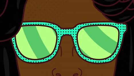 Animation-of-green-stripes-moving-in-sunglasses-on-woman's-face