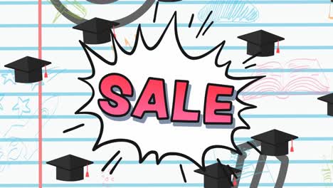 Animation-of-sale-text-over-graduation-hats-and-school-icons