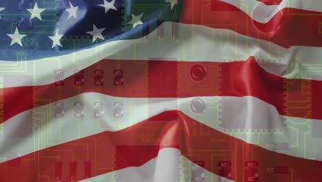 Animación-De-Placa-De-Circuito-De-Computadora-Con-Procesamiento-De-Datos-Y-Bandera-De-EE.UU.
