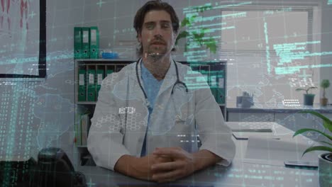 Animation-of-data-processing-over-caucasian-male-doctor-talking