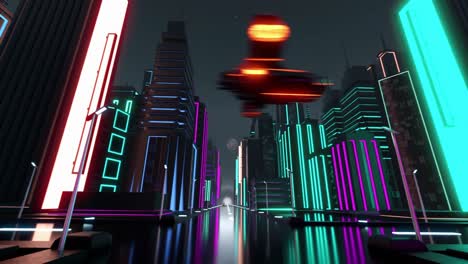 Animation-of-space-ships-and-car-in-neon-lit-city-at-night-background