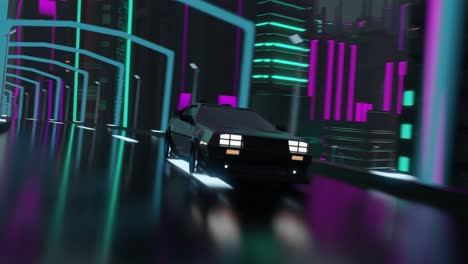 Animation-of-car-driving-in-neon-lit-city-at-night-background