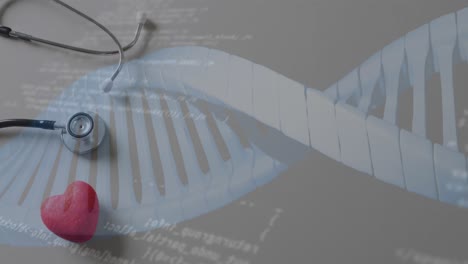 Animation-Der-Datenverarbeitung-Und-DNA-Strang-über-Herz-Und-Stethoskop-Auf-Grauem-Hintergrund