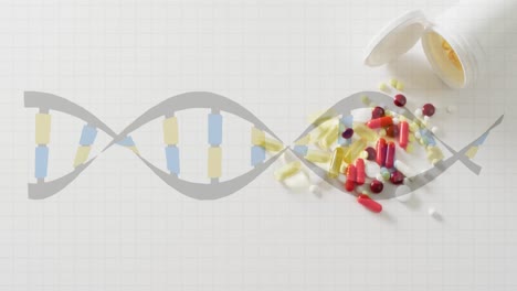 Animation-of-dna-strand-moving-over-container-spilling-pills-and-tablets-on-white-background