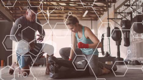 Animation-of-scientific-data-over-diverse-man-and-woman-exercisng-in-boxing-gym