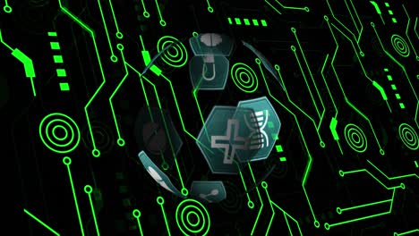 Animation-of-green-computer-circuit-board-with-medical-digital-icons