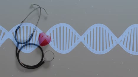 Animation-of-dna-strand-moving-over-red-heart-and-stethoscope-on-grey-background