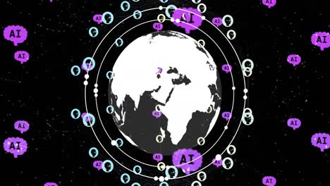 Animation-Der-KI-Datenverarbeitung-Mit-Symbolen,-Globus-Und-Netzwerk-Von-Verbindungen